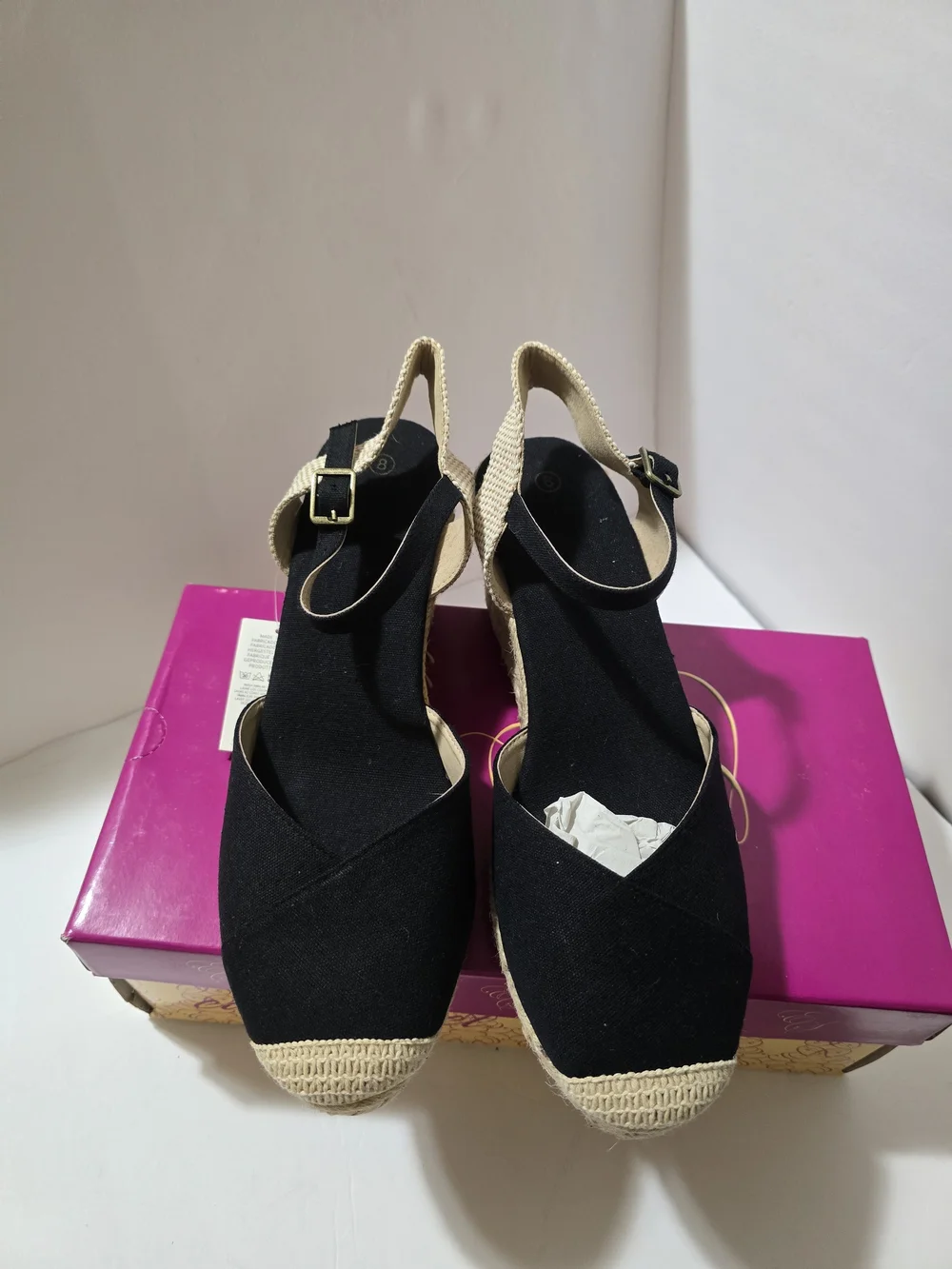 easy street Black and Natural Espadrille Wedge Sandals